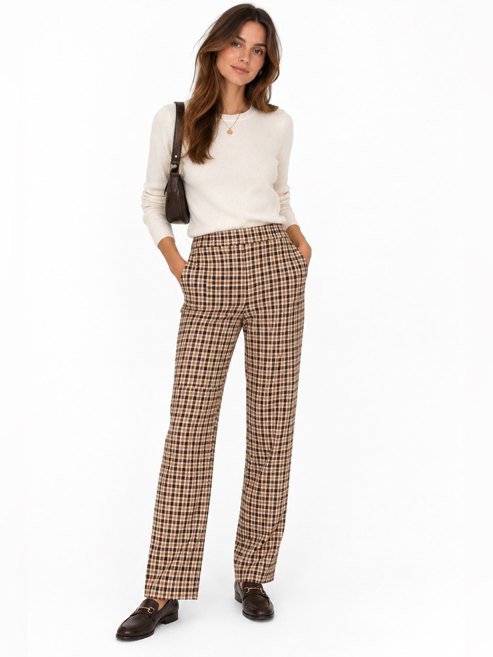 Sézane Plaid Tailored Straight Leg Trousers Brown Cream Size 38